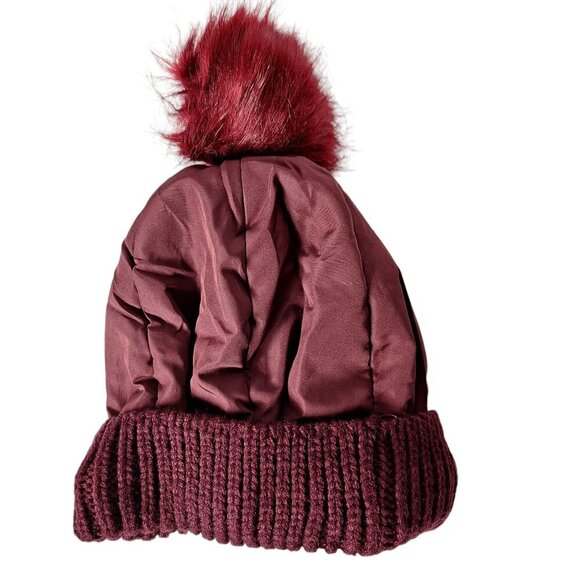 Burgundy Winter Beanie Hat Faux Fur Pom Puffer Style Knit Cuff - Picture 2 of 3